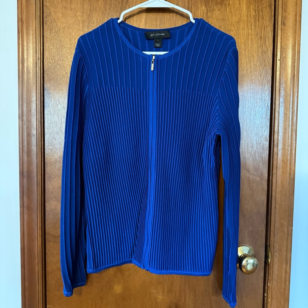 St. John Royal Blue Zip-Front Ribbed Shell